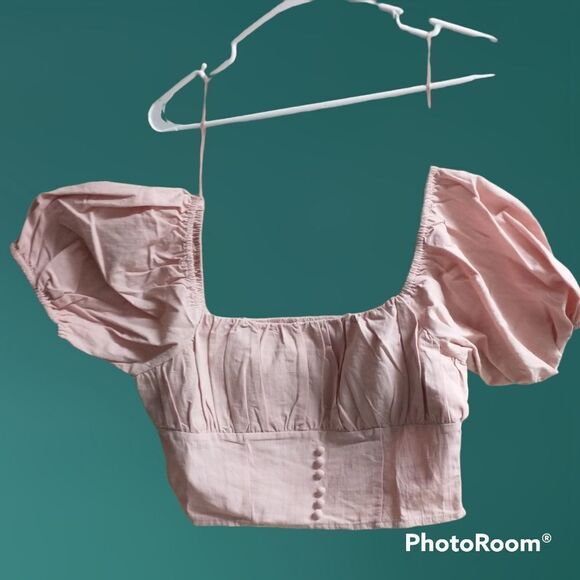 City Sleek Bridgerton-inspired Blush Pink Off The Shoulder Crop Top, size Large - Picture 3 of 10